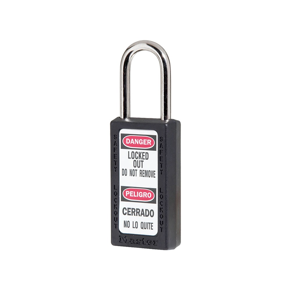 Cadenas de sécurité grand corps en Thermoplastique, corps 38x76 mm, anse en Inox, 3 options disponibles - Noir - Clés uniques - 