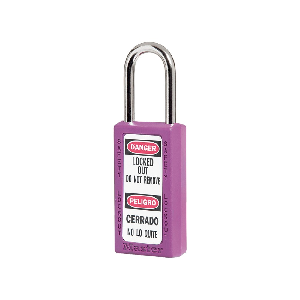 Cadenas de sécurité grand corps en Thermoplastique, corps 38x76 mm, anse en Inox, 3 options disponibles - Violet - Clés uniques 