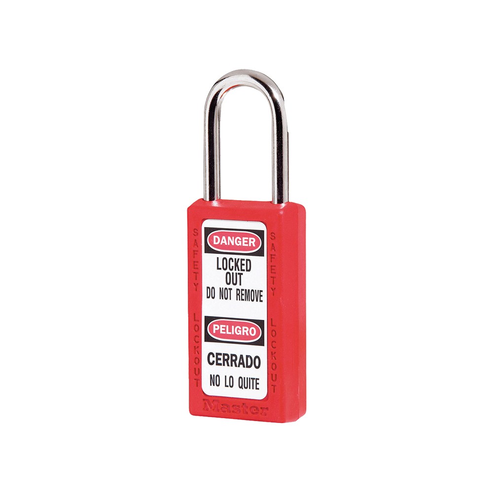 Cadenas de sécurité grand corps en Thermoplastique, corps 38x76 mm, anse en Inox, 3 options disponibles - Rouge - Clés uniques -