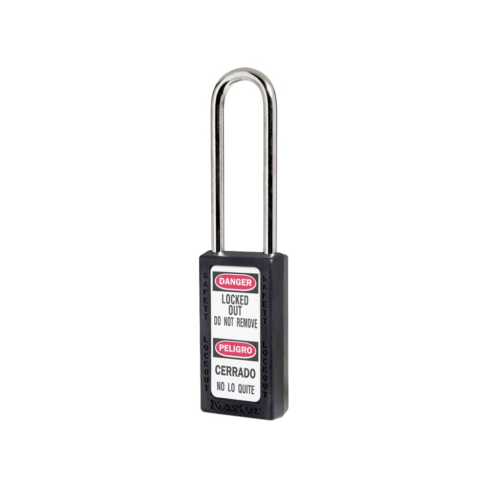 Cadenas de sécurité grand corps en Thermoplastique, corps 38x76 mm, anse en Inox, 3 options disponibles - Noir - Clés uniques - 