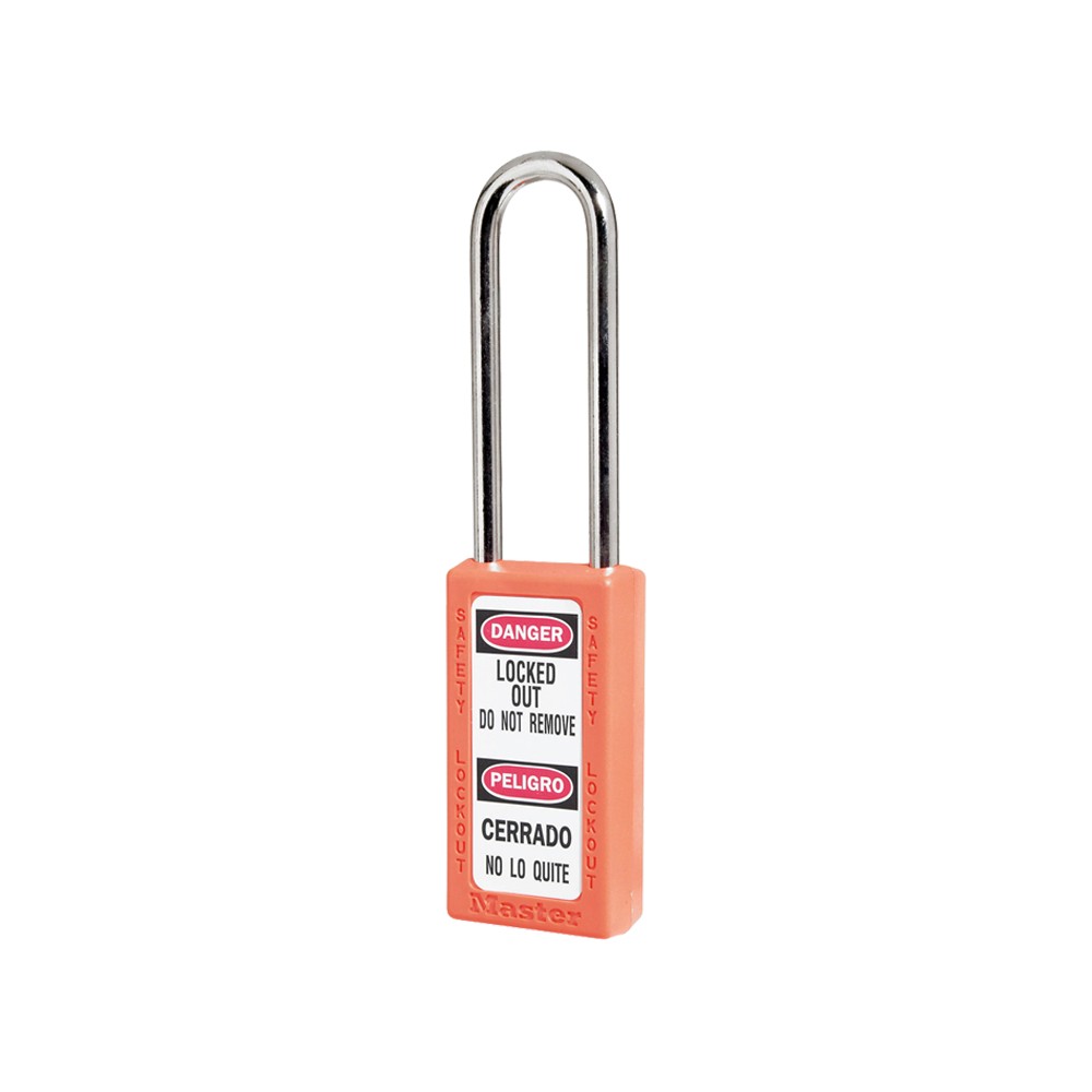 Cadenas de sécurité grand corps en Thermoplastique, corps 38x76 mm, anse en Inox, 3 options disponibles - Orange - Clés uniques 