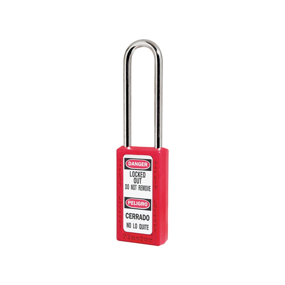Cadenas de sécurité grand corps en Thermoplastique, corps 38x76 mm, anse en Inox, 3 options disponibles - Rouge - Clés uniques -