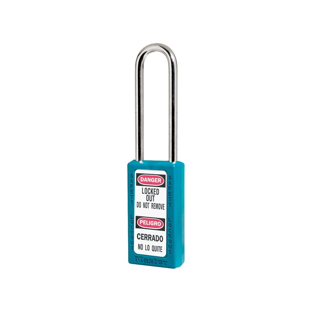Cadenas de sécurité grand corps en Thermoplastique, corps 38x76 mm, anse en Inox, 3 options disponibles - Bleu clair - Clés uniq