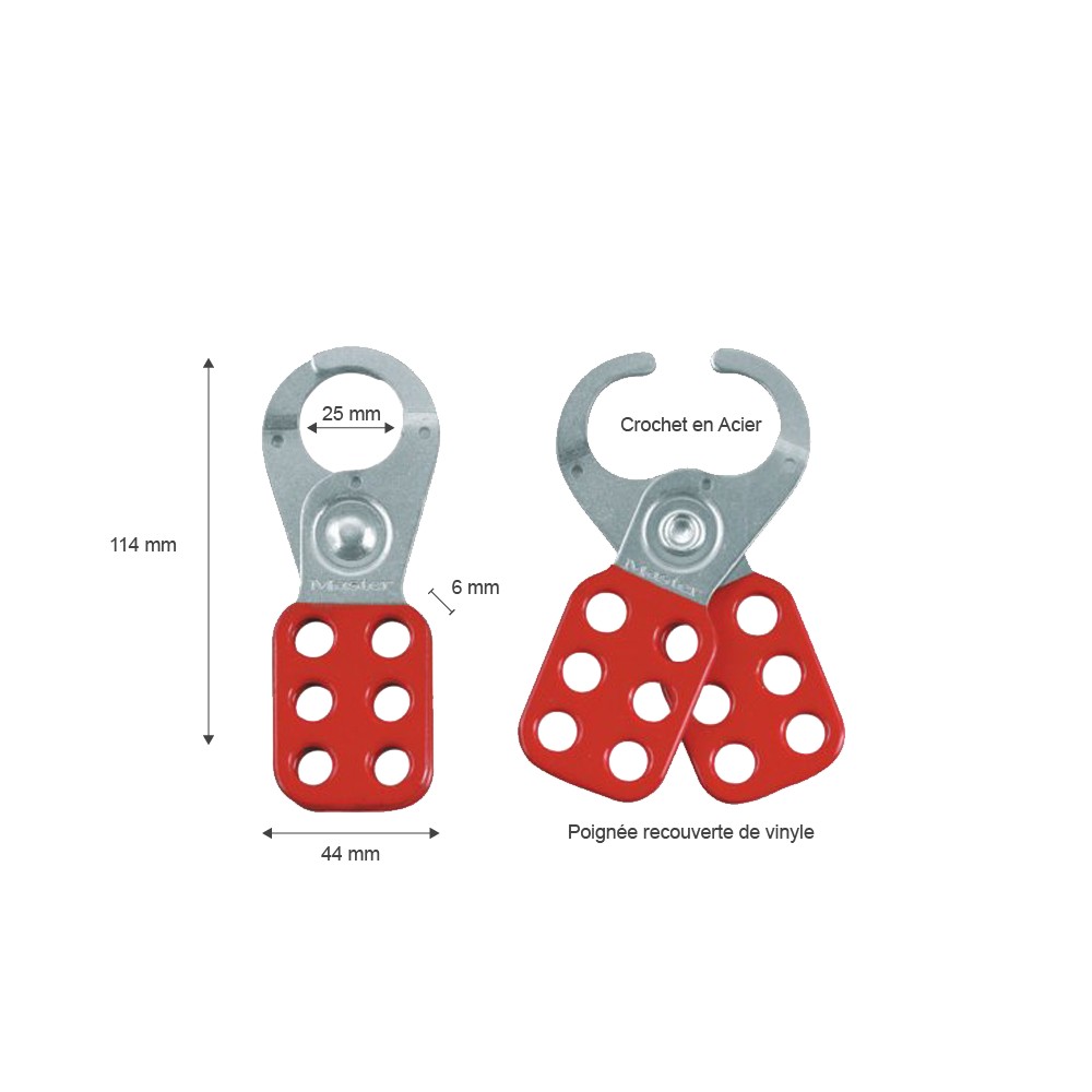 Crochet moraillon Acier avec mâchoires Ø25 mm, vérrouillable par 6 cadenas de consignation anse Ø6mm