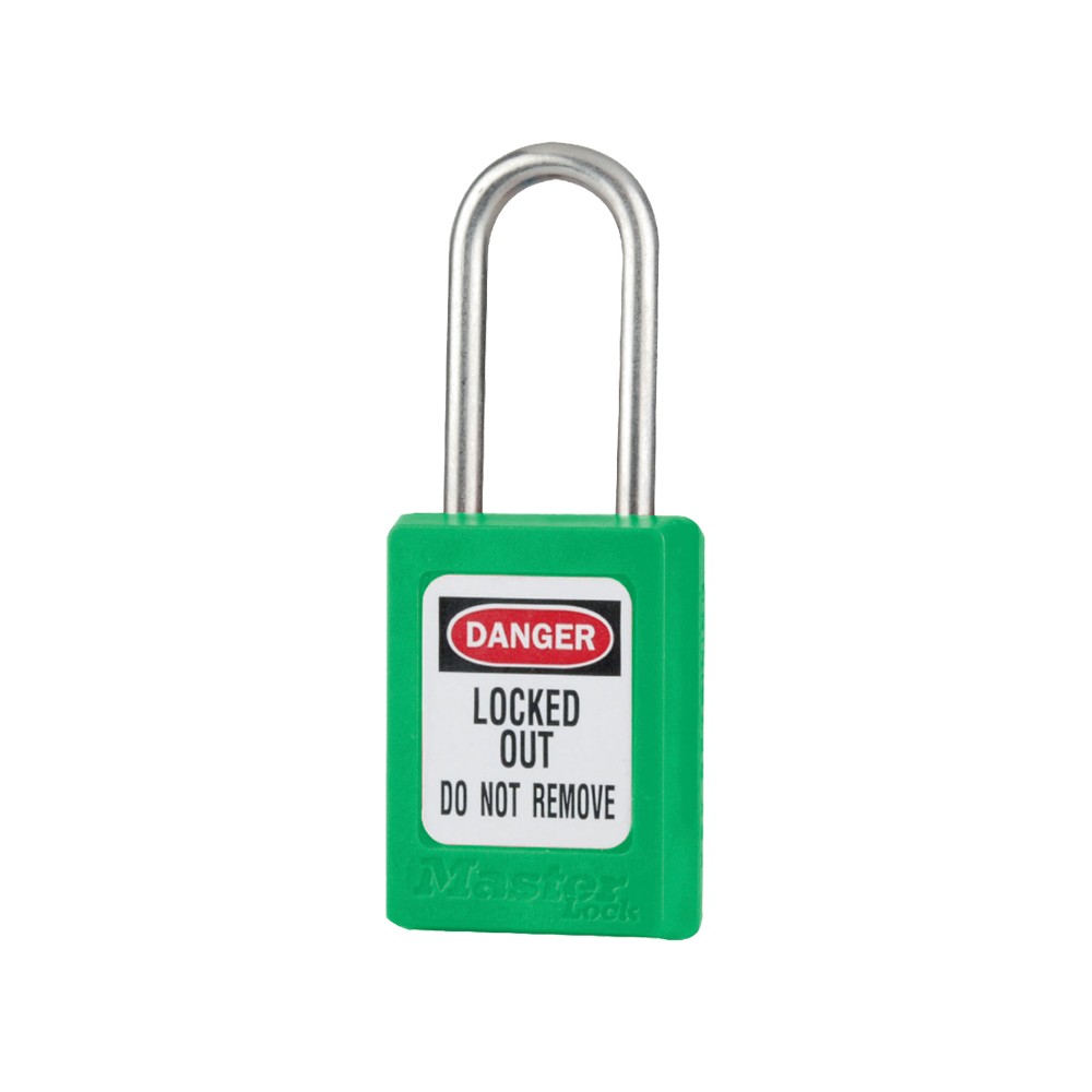 Cadenas de sécurité en Thermoplastique, corps 35x48 mm, anse en Inox, 3 options disponibles - Vert - Clés uniques - Anse 38 mm
