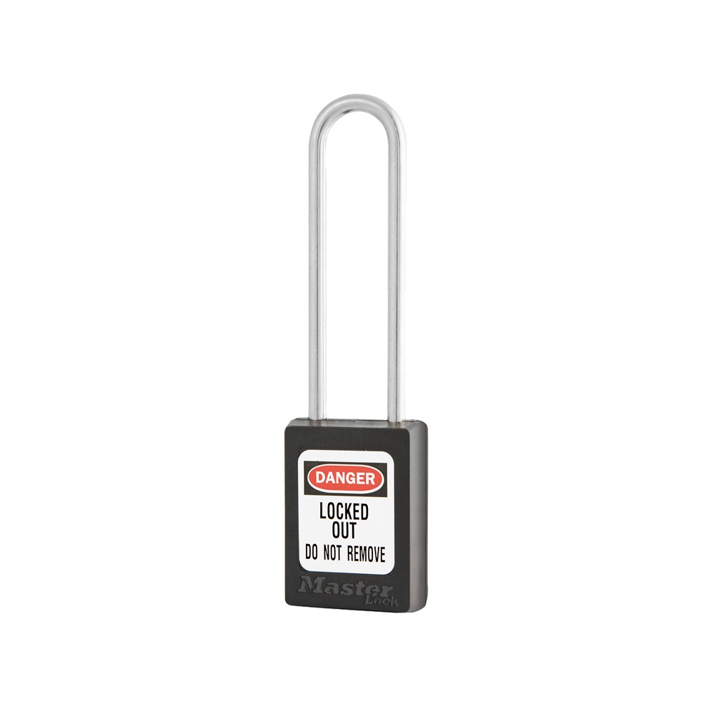 Cadenas de sécurité en Thermoplastique, corps 35x48 mm, anse en Inox, 3 options disponibles - Noir - Clés uniques - Anse 76 mm