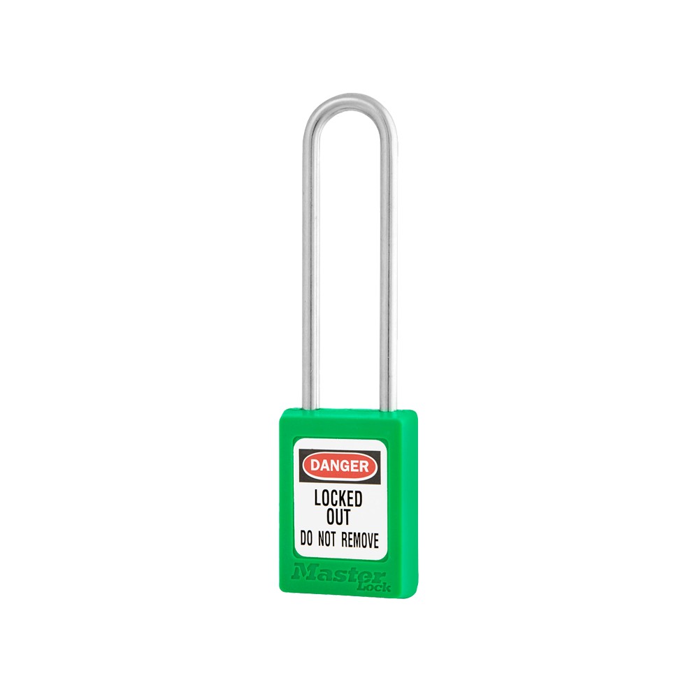 Cadenas de sécurité en Thermoplastique, corps 35x48 mm, anse en Inox, 3 options disponibles - Vert - Clés uniques - Anse 76 mm