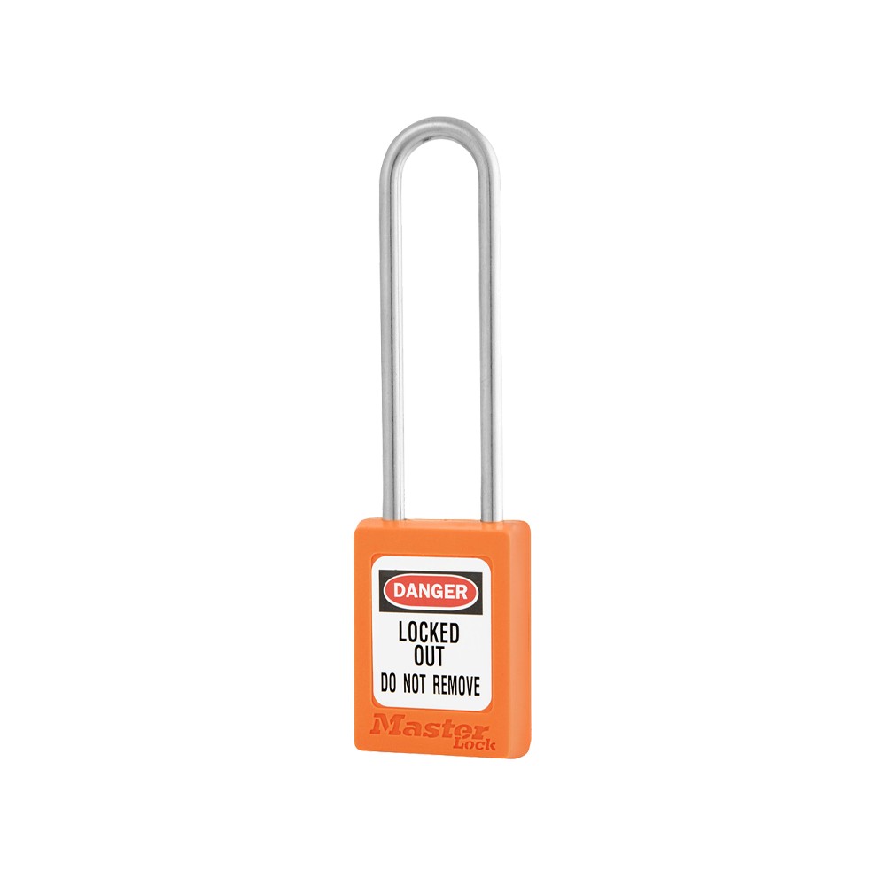 Cadenas de sécurité en Thermoplastique, corps 35x48 mm, anse en Inox, 3 options disponibles - Orange - Clés uniques - Anse 76 mm