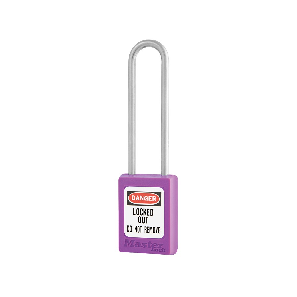 Cadenas de sécurité en Thermoplastique, corps 35x48 mm, anse en Inox, 3 options disponibles - Violet - Clés uniques - Anse 76 mm