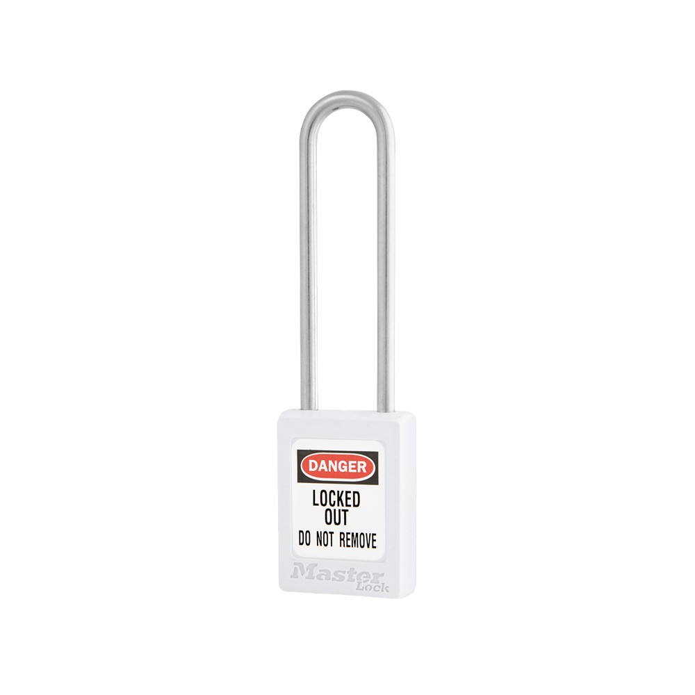 Cadenas de sécurité en Thermoplastique, corps 35x48 mm, anse en Inox, 3 options disponibles - Blanc - Clés uniques - Anse 76 mm