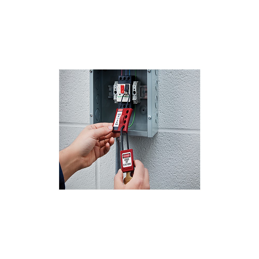 Moraillon en plastique non conducteur avec une anse de 3mm. Peut accueillir jusqu'à 4 cadenas de consignation